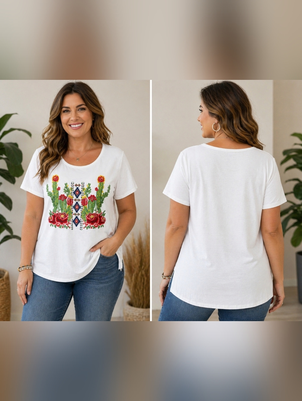 Savanna Jane White Embroidered Cactus Floral Boho Tee Top 2X Southwestern Soft